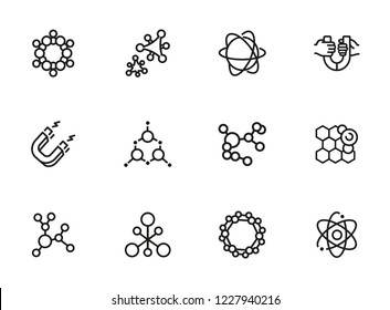 Molecule structure icon. Set of line icons on white background. Atom, cell, magnet. Physics concept. Vector illustration can be used for topics like chemistry, science, microbiology