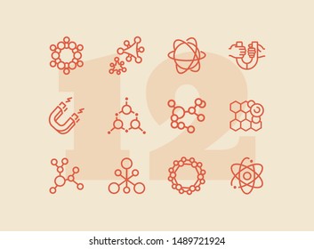 Molecule structure icon. Set of line icons on white background. Atom, cell, magnet. Physics concept. Vector illustration can be used for topics like chemistry, science, microbiology