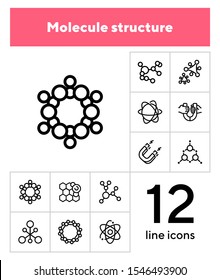 Molecule structure icon. Set of line icons on white background. Atom, cell, magnet. Physics concept. Vector illustration can be used for topics like chemistry, science, microbiology