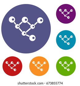 Molecule structure icons set in flat circle reb, blue and green color for web