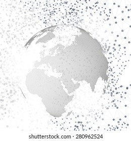 Molecule structure illustration with world globe, white vector background for communication.