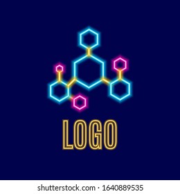 Molecule structure line neon logo. Modern shine abstract vector science icon. Medical technology geometric bright design concept.
