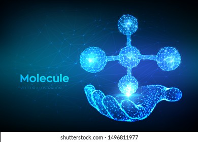 Molecule Structure. Low poly abstract Molecule in hand. Dna, atom, neurons. Molecules and chemical formulas. Scientific background for medicine, science, biology. 3D polygonal vector illustration.