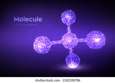 Molecule Structure. Low poly abstract Molecule. Dna, atom, neurons. Molecules and chemical formulas. Scientific background for medicine, science, chemistry, biology. 3D polygonal vector illustration.