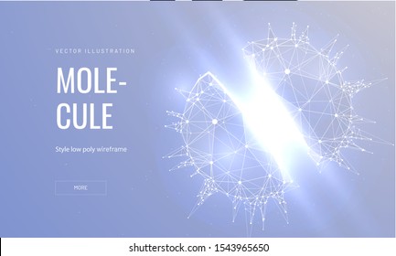 Molecule structure low poly wireframe landing page template. Physics, chemistry science web banner. 3d sectional molecule scheme polygonal illustration. Microparticle mesh art homepage design layout
