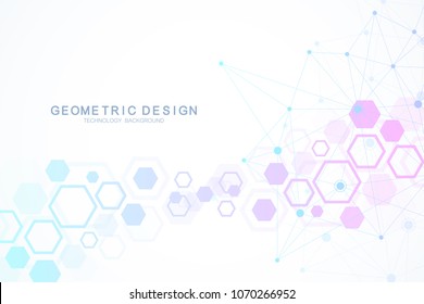 Molecule structure with particles. Hexagonal geometric background. Scientific medical research. Science and technology backgroud. Molecular concept. Vector illustration