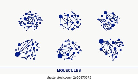 Conjunto de ícones vetoriais de estrutura molecular, estrutura microscópica molecular de química, tema de ciência e farma.