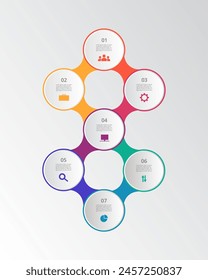 Molecule template with 7 steps, options, parts or processes. Presentation of nanotechnology, teamwork, communication or connection.