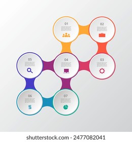 Molekül-Vorlage mit 7 Stufen, Optionen, Teilen oder Prozessen. Präsentation von Nanotechnologie oder Teamarbeit.
