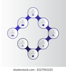 Plantilla de moléculas con 8 pasos, opciones, piezas o procesos. Presentación de nanotecnología, trabajo en equipo o procesos de negocio.