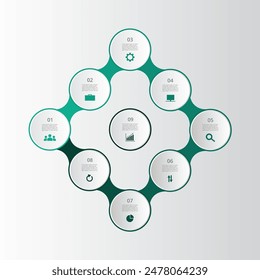 Molecule template with 9 steps, options, parts or processes. Presentation of nanotechnology or teamwork.