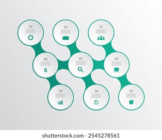 Plantilla de moléculas con 9 pasos, opciones, piezas o procesos. Presentación de nanotecnología, trabajo en equipo o procesos de negocio.