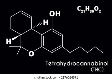 Тetrahydrocanabinol molecule (THC) isolated on black background. Recreational drug. Vector illustration.
