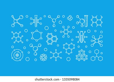 Molecule vector Chemistry concept illustration or banner in thin line style on blue background
