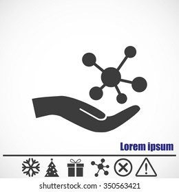 Molecule vector icon.Bonus icons: snowflake, Christmas tree, gift, molecule, delete icon and Hazard warning attention sign.