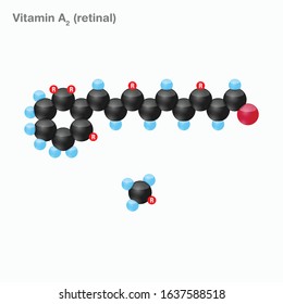 The molecule of vitamin A2 (retinal). Vector illustration in 3d style, isolated on white background.