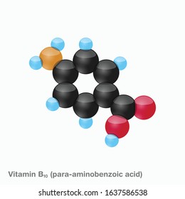 The molecule of vitamin B10 (para-aminobenzoic acid). Vector illustration in 3d style, isolated on white background.