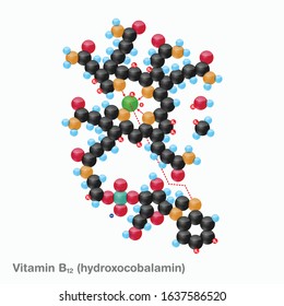 The molecule of vitamin B12 (hydroxocobalamin). Vector illustration in 3d style, isolated on white background.