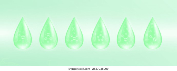 Molécula en gota de agua solución de colágeno verde. Complejo de vitaminas Ácido hialurónico Hidratante de la naturaleza. Utilizado para los productos cosméticos del diseño. Cuidado de la piel de belleza anuncios. Médico científico. Vector 3D.