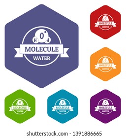 Molecule water icons vector colorful hexahedron set collection isolated on white 