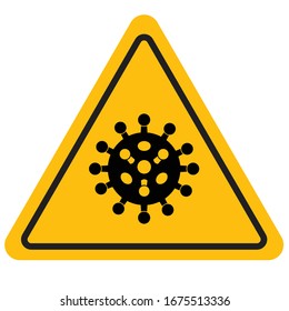 Сoronavirus molecule. Yellow triangular warning sign. Coronavirus. Attention