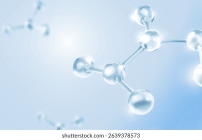 Molecules or atoms 3d model on blue background. Chemical structures, glass effect, biology, pharmaceutical science, cosmetic advertising.