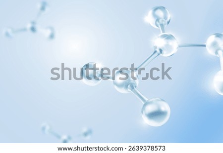 Molecules or atoms 3d model on blue background. Chemical structures, glass effect, biology, pharmaceutical science, cosmetic advertising.