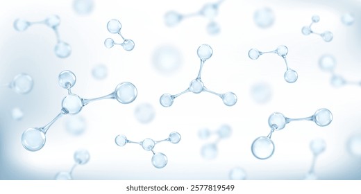 Molecules or atoms on light blue background. Concept of biochemical, pharmaceutical, beauty, medical. Science or medical background. Vector 3d illustration