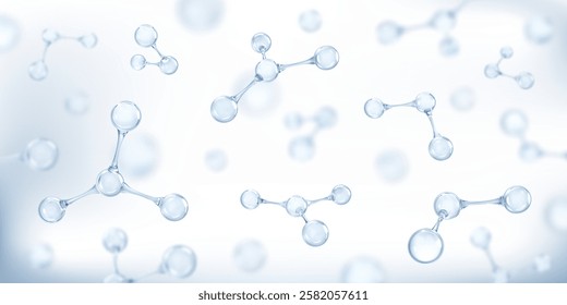 Molecules or atoms on light blue background. Concept of biochemical, pharmaceutical, beauty, medical. Science or medical background. Vector 3d illustration