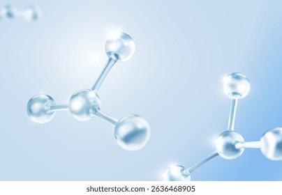 Moléculas ou átomos no fundo azul claro efeito de vidro 3d. Conceito médico de cosmética, bioquímica, tecnologia da ciência farmacêutica Vetor 3d ilustração