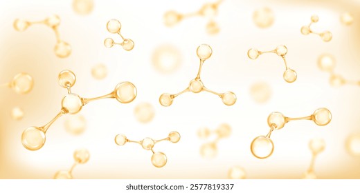 Molecules or atoms on light yellow background. Concept of biochemical, pharmaceutical, beauty, medical. Science or medical background. Vector 3d illustration