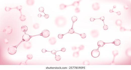 Molecules or atoms on pink background. Concept of biochemical, pharmaceutical, beauty, medical. Science or medical background. Vector 3d illustration