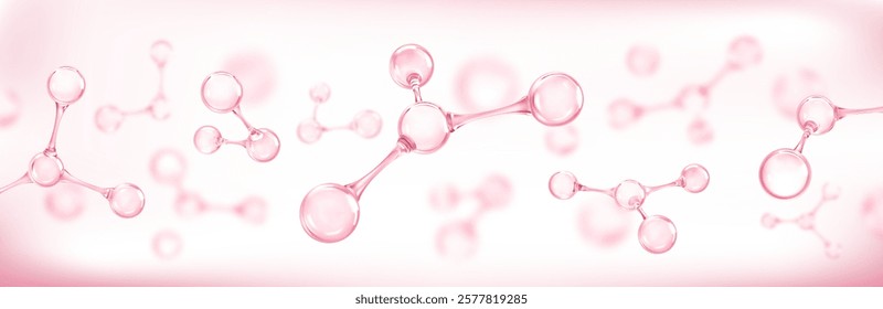 Molecules or atoms on pink background. Concept of biochemical, pharmaceutical, beauty, medical. Science or medical background. Vector 3d illustration