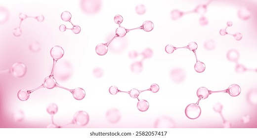 Molecules or atoms on pink background. Concept of biochemical, pharmaceutical, beauty, medical. Science or medical background. Vector 3d illustration