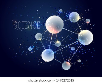 Molecules and atoms vector abstract background, science chemistry and physics theme illustration, micro and nano research and technology theme, microscopic particles.