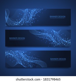 Pancartas de moléculas con líneas y puntos. Papel mural o cartel de plantilla de ciencia con moléculas de ADN. Fondo de la molécula científica absorbida. Flujo ondulado, patrón de innovación. Ilustración del vector