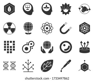 Moléculas. Juego de iconos de glifos de bioingeniería. Biotecnología para la salud, investigación, creación de materiales. Biología molecular, ingeniería biomédica y molecular