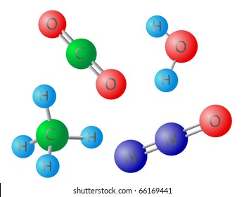 Molecules Of Greenhouse Gases, Vector Models With Symbols Of Elements