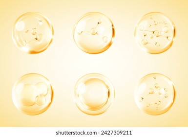 Molecules inside bubbles. Collagen serum bubble. Cosmetic essence. Concept skin care cosmetics solution. Vector 3d illustration