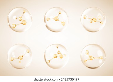 Molecules inside bubbles. Collagen serum bubble. Cosmetic essence drops. Concept skin care cosmetics solution. Vector 3d illustration