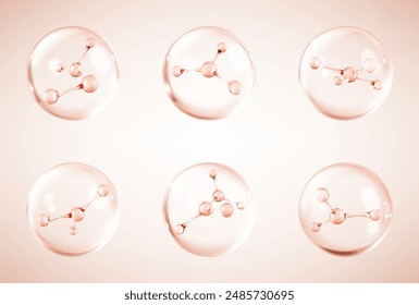 Molecules inside bubbles. Collagen serum bubble. Cosmetic essence drops. Concept skin care cosmetics solution. Vector 3d illustration