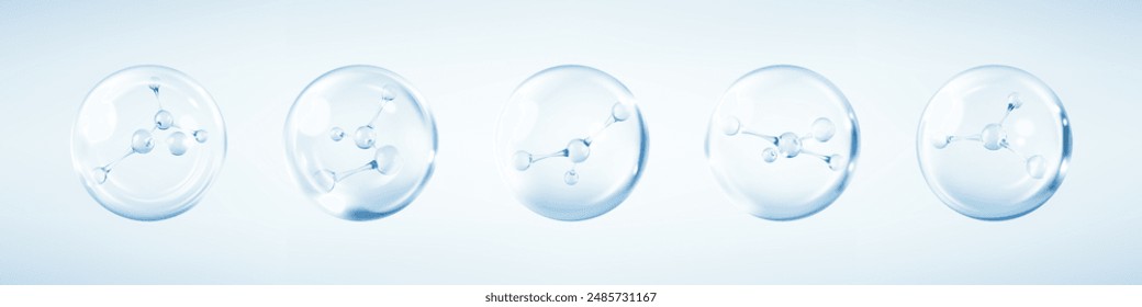 Molecules inside bubbles. Collagen serum bubble. Cosmetic essence drops. Concept skin care cosmetics solution. Vector 3d illustration