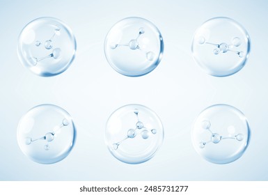 Molecules inside bubbles. Collagen serum bubble. Cosmetic essence drops. Concept skin care cosmetics solution. Vector 3d illustration