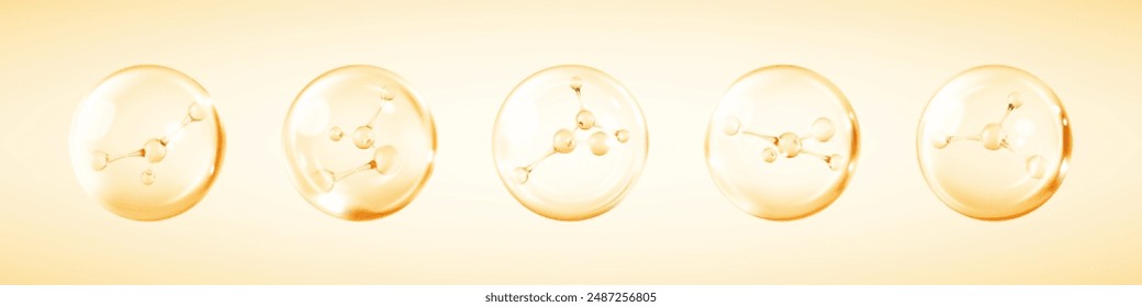 Molecules inside bubbles. Collagen serum bubble. Cosmetic essence drops. Concept skin care cosmetics solution. Vector 3d illustration