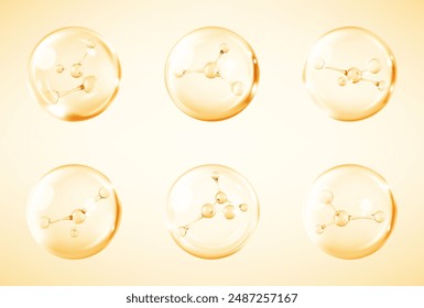 Molecules inside bubbles. Collagen serum bubble. Cosmetic essence drops. Concept skin care cosmetics solution. Vector 3d illustration