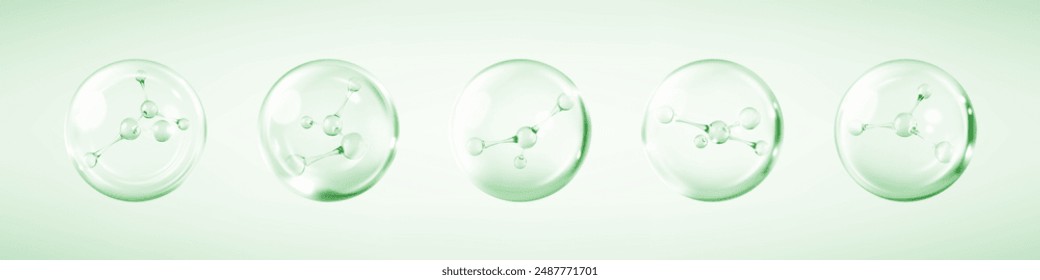 Molecules inside bubbles. Collagen serum bubble. Cosmetic essence drops. Concept skin care cosmetics solution. Vector 3d illustration