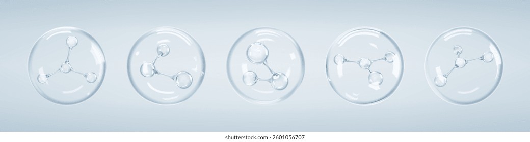 Molecules inside bubbles. Collagen serum bubble. Cosmetic essence. Hyaluronic acid. Skincare product. Concept skin care cosmetics solution. Vector 3d illustration