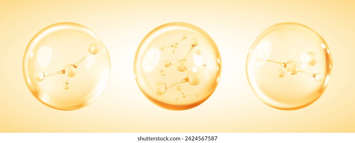 Moleküle in Blasen. Goldkollagen-Serumblase. Kosmetische Essenz. Konzept Hautpflege Kosmetiklösung. Vektor-3D-Darstellung