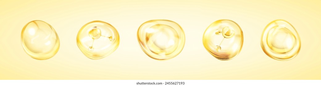 Molecules inside bubbles. Gold collagen serum bubble. Cosmetic essence. Concept skin care cosmetics solution. Vector 3d illustration
