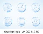 Molecules inside bubbles on blue background. Collagen serum bubble. Cosmetic essence. Concept skin care cosmetics solution. Vector 3d illustration